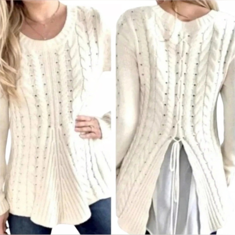 Design Lab by Lord & Taylor Tie back, Lace-up, Cable Knit Sweater | Sz S